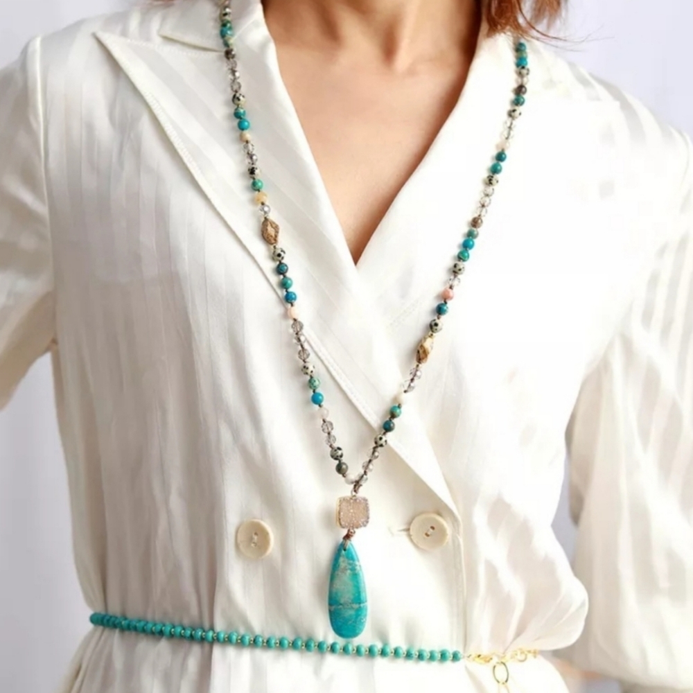 Jasper Agate Pendant Druzzy Beaded Long Necklace